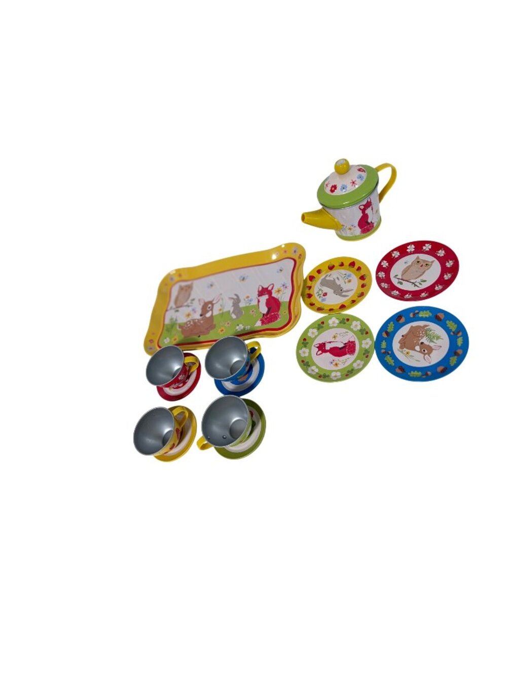 Metal Child Play Teaset 14 piece Multicolor floral Tray Teapot 4 cup Saucers 4 d
